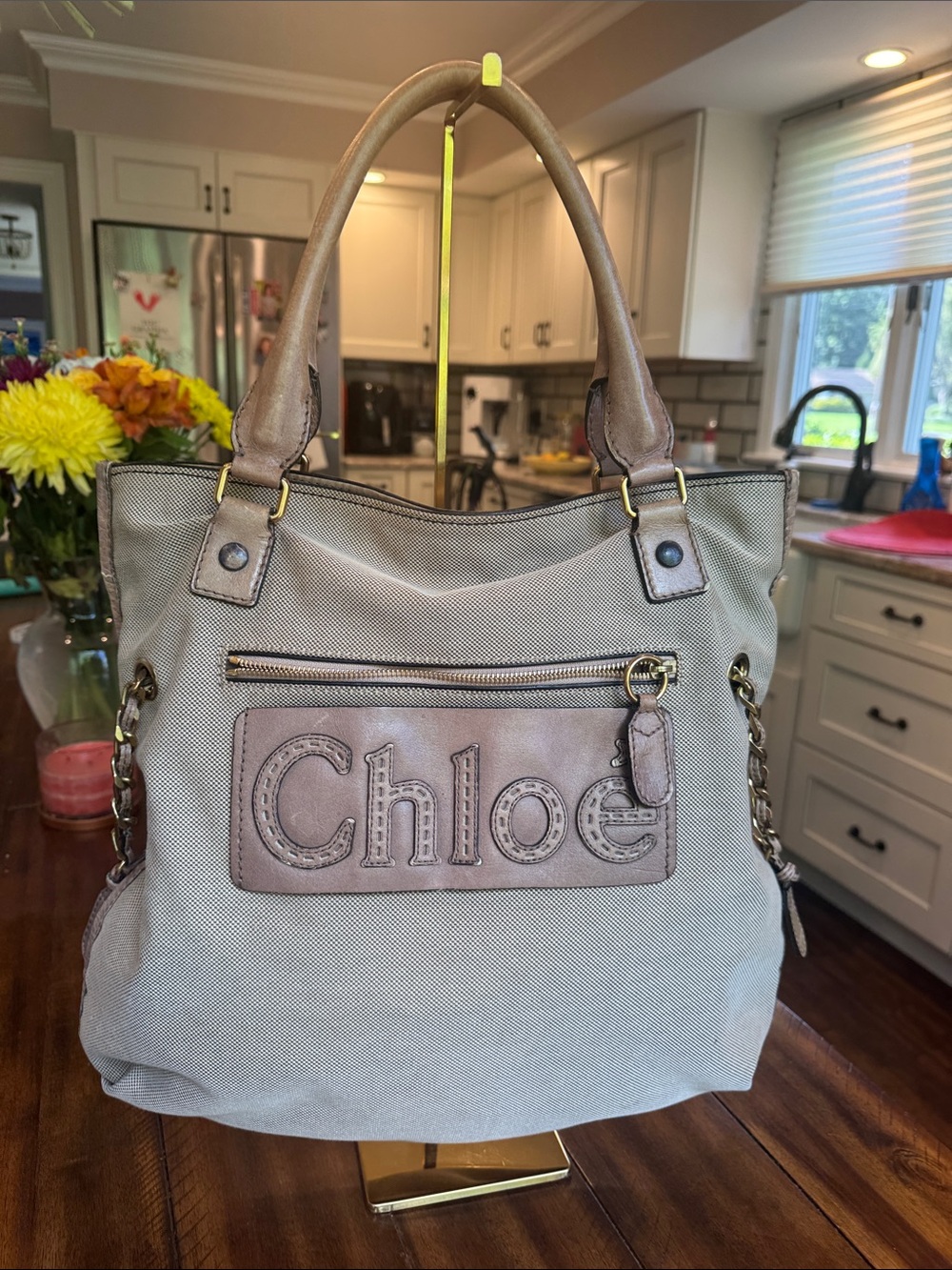 Chloé Beige/Tan Logo Canvas Tote with Leather Trim